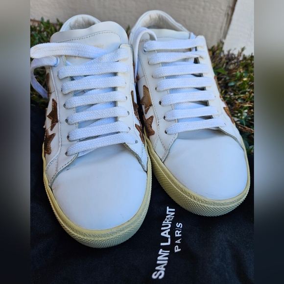 Saint Laurent Paris White/Gold Leather Star Alpha Low Top Sneakers Size 38 - Picture 8 of 10
